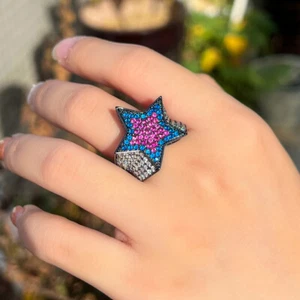 Rainbow Cubic Zircon Lucky Star Finger Ring Black Gold Plated Fashion CZ Jewelry - Bild 1 von 10