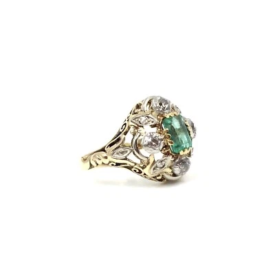 Jugendstil 14kt Gelbold Ring Smaragd Diamanten 585 Gold antik Schmuck Emerald 55 - Bild 1 von 4