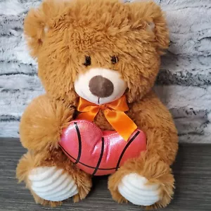 Brown Bear Plush Stuffed Animal W/ Metallic Pink Basketball Heart 10" Sitting - Picture 1 of 9