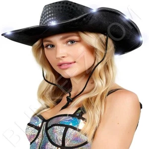 Sombrero de vaquero NEGRO iluminado con lentejuelas NEGRAS, ala LED blanca, sombrero de festival - Imagen 1 de 9