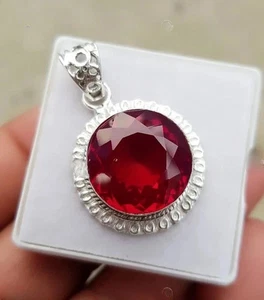Certified 24 Ct Natural Ruby Round Pendant Necklace in Silver Handmade Jewelry - Picture 1 of 8