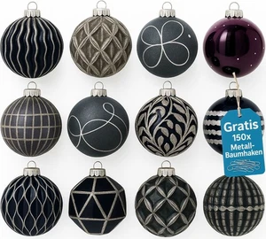 Weihnachtskugeln Schwarz 12er Set Glas Christbaumkugeln Christbaumschmuck Kugeln - Bild 1 von 11
