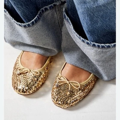 Stefani Gold Glitter Sequin Ballet Flats Bow Sz 8 Sparkly Holiday Girly Coquette - Image 1 of 4