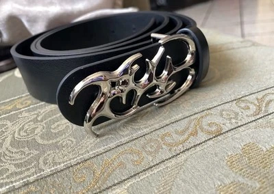 🔥 Black Leather Belt | Chrome Tribal Buckle | Y2K Grunge Streetwear - Image 1 of 3