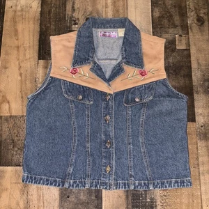 Vintage DOREMAN BURNS Cowgirls Denim Suede Wesern Vest XL - Picture 1 of 10