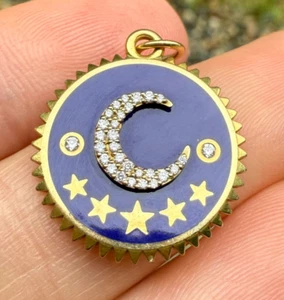 Foundrae Blue Crescent 18K Gold and Diamond Champleve Medallion - Picture 1 of 5