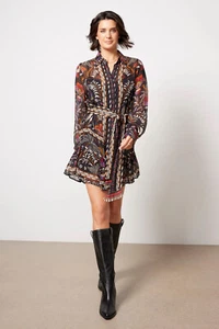 Farm Rio Classic Garden Black Long Sleeve Belted Mini Dress sz M NWT - Picture 1 of 6