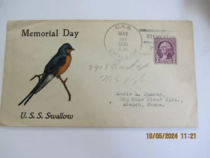 1936 US NAVAL COVER USS SWALLOW MEMORIAL DAY 1936 3C WASHINGTON - Picture 1 of 5