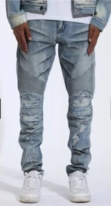 Crysp Denim Men's Skywalker Moto Distressed Rips Skinny Fit Stretch Denim Jeans - Picture 1 of 2