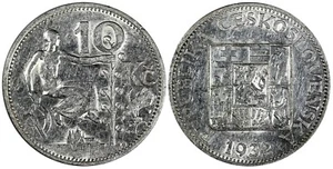 Cecoslovacchia argento 1932 10 corone 30 mm KM# 15 (19 682) - Foto 1 di 3