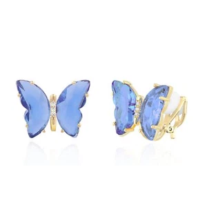 Butterfly Shape Blue Crystal Clip On Earrings Gold Non Pierced Golden Stud for W - Picture 1 of 4