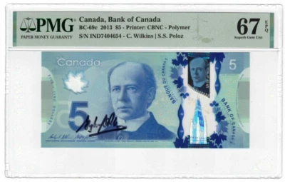 2013 Canada Bank BC-69c 5 Dollars SIGNED Autographed by POLOZ Banknote UNC PMG67 - Image 1 of 3