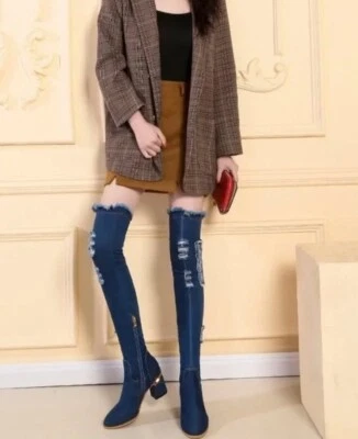 Denim Jean Distressed Patch Thigh High Over the Knee Block Heel Narrow Boots 7-8 - Image 1 of 4