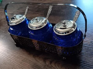 CONDIMENT SET COBALT BLUE CHROME HOME KITCHEN GIFT - Picture 1 of 4