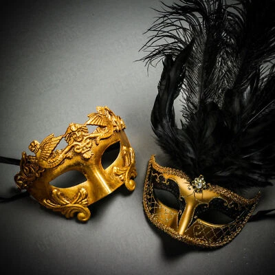 Women White Feather Gold Eye Mask w/ Stick for Venetian Masquerade Ball Party - Image 1 of 2