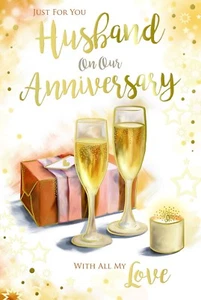 Husband Anniversary Card On Our Champagne Present & Candle Design - Picture 1 of 2