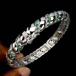 925 Sterling Silver Bangle Round Chrome Diopside Gemstone Jewelry 2.2 Inch - Picture 1 of 13
