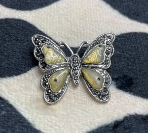 Vintage Butterfly Brooch Pin Marcasite and Clear Yellow Enamel SIlvertone - Picture 1 of 4
