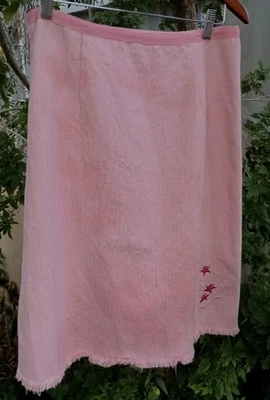 Christopher & Banks VTG Pink Striped Skirt Embroidered Red Floral Fringed Cotton - Image 1 of 4