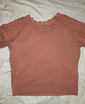 VTG Haband Peach Pointelle Knit Short Sleeve Sweater Sz L Scallop Eyelet Cottage - Image 1 of 4