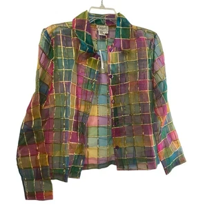 Camicia Florissant NY seta griglia trasparente arcobaleno colorata TG S bottone F indie Sleaze - Foto 1 di 18
