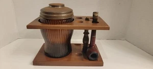 Pipe Tobacco Glass Jar In Wood Holder One Pipe Holds Four Dun-Rite 1950's 7" H - Picture 1 of 9