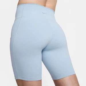 NUEVO X-Small Para Mujer Nike One Pantalones Cortos de Motociclista Cintura Alta 8" Bolsillos Azul Claro  - Imagen 1 de 7