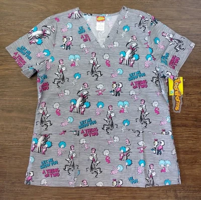 Dr Seuss Scrub Shirt L Cat in the Hat Thing 1 2 Cherokee Uniform Toooniforms New - Image 1 of 4