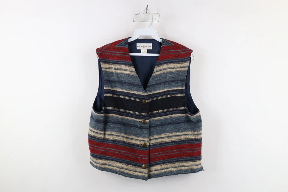 Vtg 90s Streetwear Womens Medium Striped Fiesta Blanket Button Vest Jacket USA - Image 1 of 4