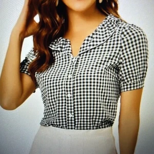 Allegra L Womens M Blouse Black Plaid Puff Sleeve Ruffle Peter Pan Collar Shirt - Picture 1 of 11