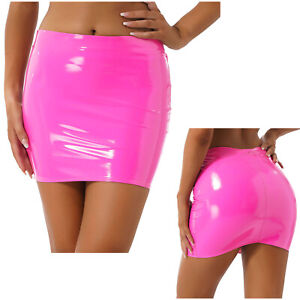 Women Shiny Metallic Leather Miniskirt Sexy Bodycon Pencil Short Skirt Clubwear 