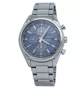 Seiko Solar Chronograph Blue Dial Stainless Steel Men's Analog Watch SSC801 - Picture 1 of 1
