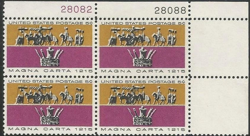 Plate Block of 4 stamps - Scott 1265 - 5 cent - Magna Carta - 1965 - MNH - Image 1 of 1