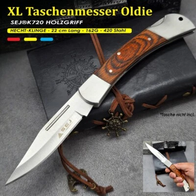 SEJ®GERMANY XL Klassischer Taschenmesser SEJ®K720| Hechtklinge 22,5 cm Holzgriff Angeln Jagd