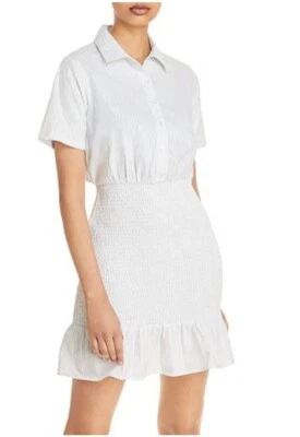 $98 NUEVO CON ETIQUETAS AQUA Mujer Blanco y Azul Rayas Camisa Vestido Talla Mediana Corto Foto 1 de 4
