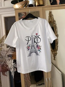 PARIS White Black Multi T Shirt Size 16 New - Picture 1 of 5