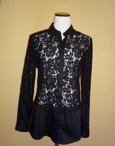 NWT NY & Co. 7th Avenue Design Studio Black Lace Front & Sleeve Blouse in size L - Picture 1 of 9