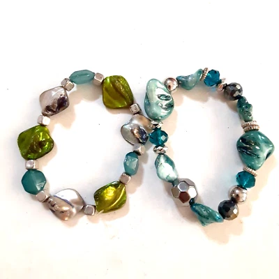 Браслет эластичный из абалона хрустальных стеклянных бусин бирюзовый синий и зеленый - Изображение 1 из 4