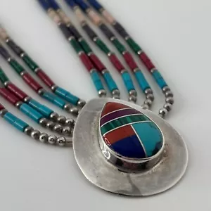 Sterling Silver Zuni Inlay Liquid Native 5 Strand Pendant Teardrop 18" Necklace - Picture 1 of 14