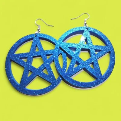 BLUE GLITTER PENTAGRAM EARRINGS large teal pentacle wiccan occult goth witch 5B - Image 1 of 4