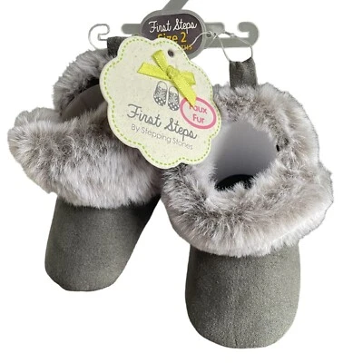 First Steps Faux Fur Infant Booties Baby Shoes Size 3-6 Months Gray New W/Tag - Image 1 of 4