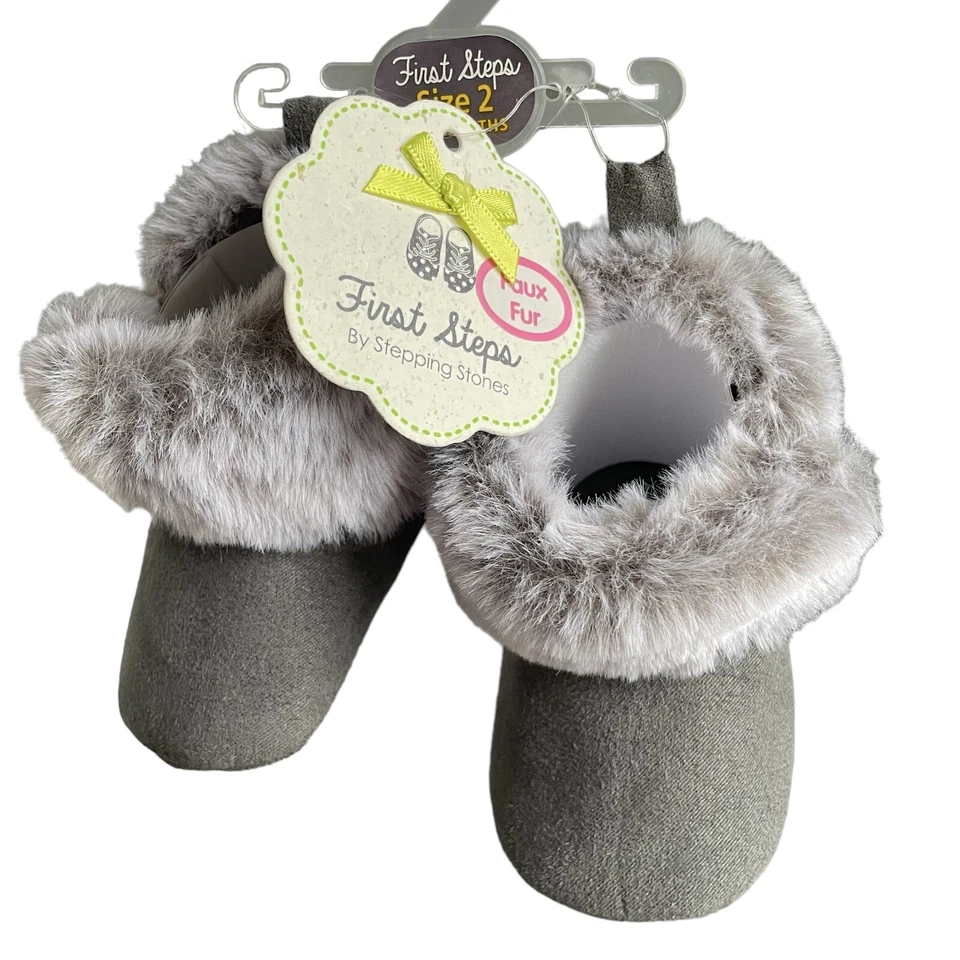 First Steps Faux Fur Infant Booties Baby Shoes Size 3-6 Months Gray New W/Tag - Image 1 of 4