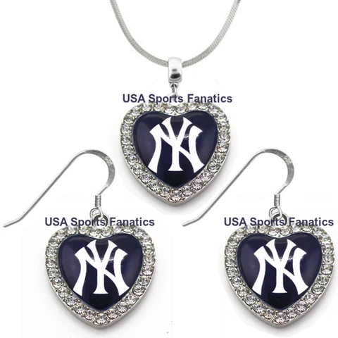New York Yankees 925 Necklace or Earrings or Set Team Heart With Rhinestones Cover