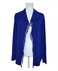 New Chico's Festive Fringe Cardigan Sweater Women's Large Blue Open Front Collar - Picture 1 of 5