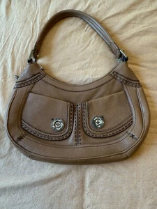 Vintage Brighton Camel Tan Leather Satchel Hobo Tote Purse Bag Medium Buttons - Picture 1 of 13