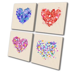 Love Hearts Floral Colourful MULTI CANVAS WALL ART Picture Print VA - Picture 1 of 1