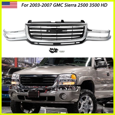 Front Grille Chrome Shell w/ Black Inserts For 2003-2007 GMC Sierra 2500 HD 3500 - Image 1 of 4