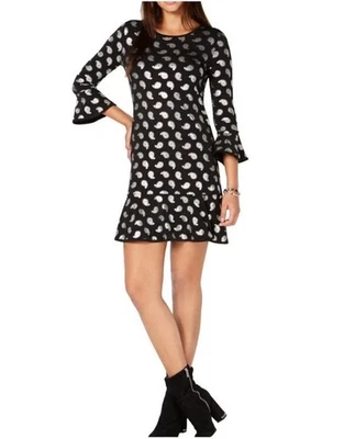 Vestido MICHAEL KORS Negro/Plateado Lámina Paisley Volantes Mangas Campana Talla S Foto 1 de 4