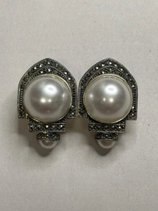 Vintage Signed Sterling, Pearl, & Marcasite Earrings with Omega Back #4910 - Picture 1 of 6