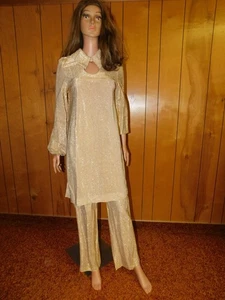 Vintage Gold Thread on White Pant Suit Tunic Top Size 13/14 Waist 27-31" 1970's - Picture 1 of 12